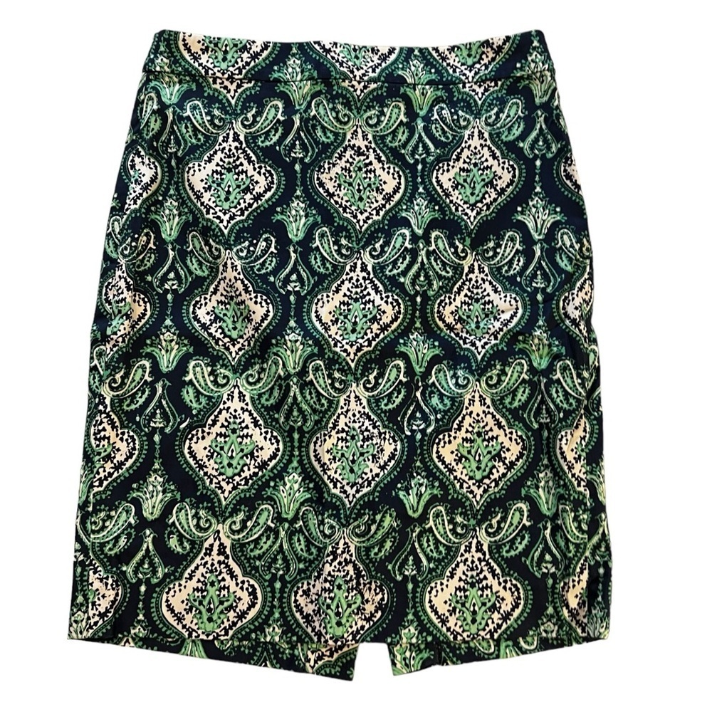 J. Crew Paisely Pencil Skirt Cotton Straight Mini Women’s Size 4 Blue Green